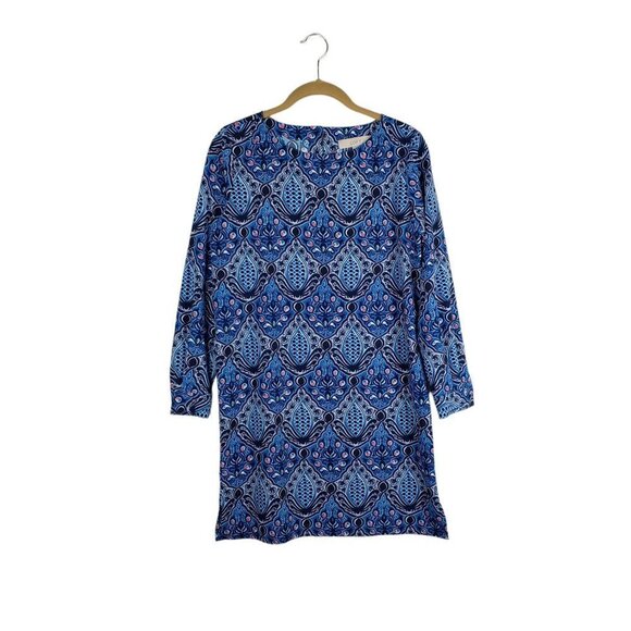 Loft Long Sleeve Shift Dress Blue Mod Retro Tile Print Size XSP XSmall Petite - Picture 1 of 9